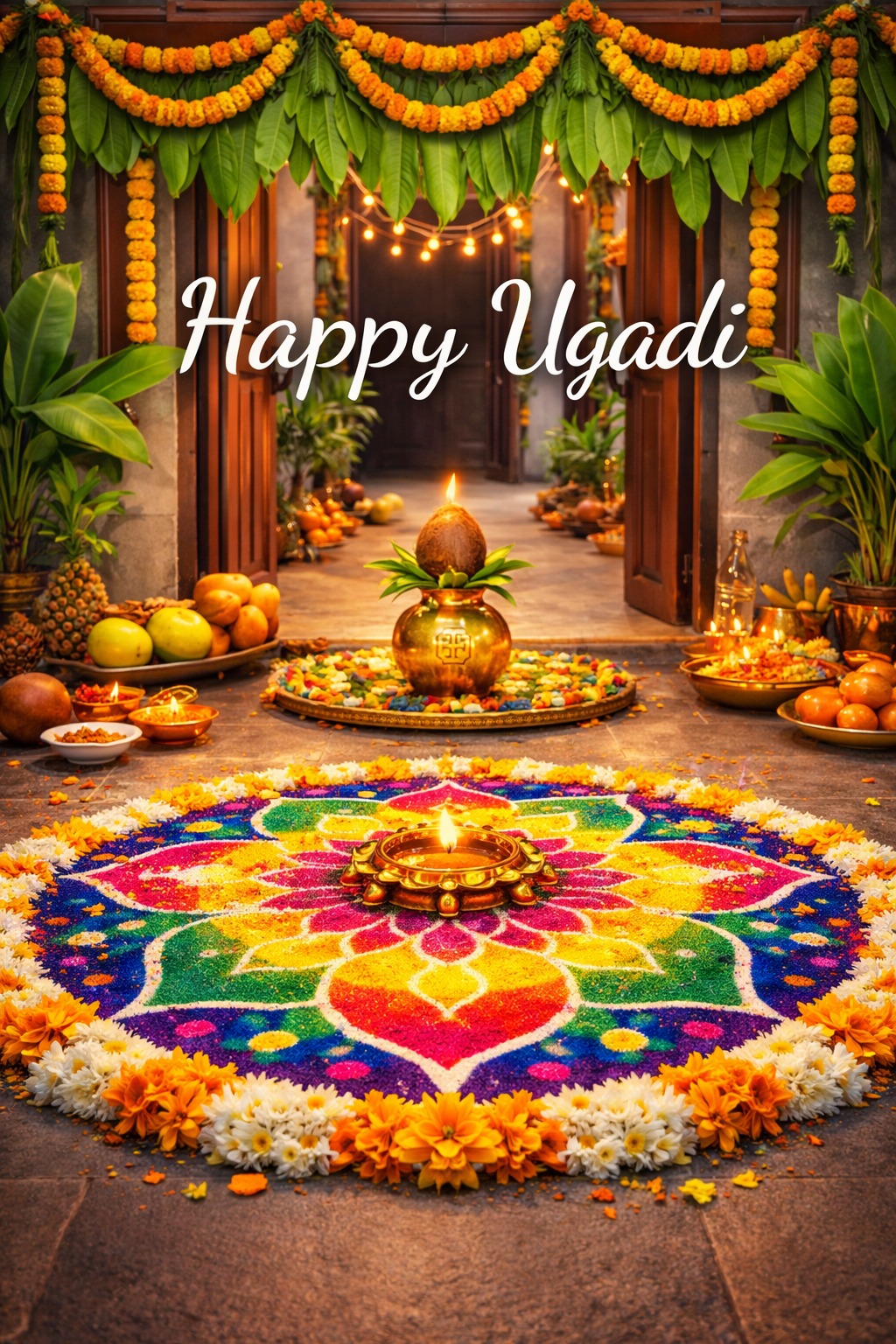 Ugadi festival celebration with rangoli and mango leaves decoration